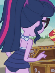 Size: 539x720 | Tagged: safe, screencap, sci-twi, sunset shimmer, twilight sparkle, equestria girls, g4, my little pony equestria girls: better together, x marks the spot, animated, bare shoulders, bareback, clothes, cropped, female, one-piece swimsuit, sci-twi swimsuit, sleeveless, solo focus, swimsuit