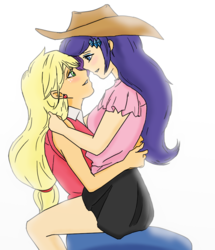 Size: 758x880 | Tagged: safe, artist:eulicious, applejack, rarity, human, g4, accessory swap, blushing, embrace, female, humanized, lesbian, looking at each other, ship:rarijack, shipping, simple background, sitting on lap, white background