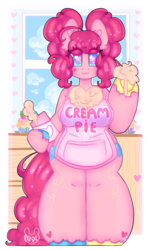 Size: 2218x3700 | Tagged: safe, artist:bunxl, pinkie pie, earth pony, semi-anthro, g4, apron, arm hooves, breasts, clothes, ethereal mane, female, food, heart, heart eyes, high res, impossibly thick legs, mare, naked apron, solo, starry eyes, starry mane, starry tail, tail, whipped cream, wingding eyes