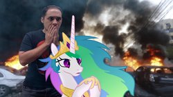 Size: 1280x720 | Tagged: artist needed, safe, artist:pecachpictures, princess celestia, human, pony, g4, car, covering mouth, crown, female, fire, hand on mouth, hoof shoes, irl, irl human, jewelry, mare, open mouth, peytral, photo, ponies in real life, regalia, smoke