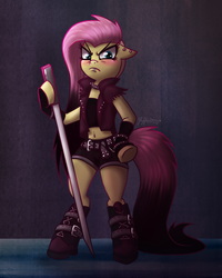 Size: 800x1000 | Tagged: safe, artist:leffenkitty, fluttershy, semi-anthro, g4, alternate hairstyle, belly button, belt, bipedal, boots, clothes, ear piercing, female, floppy ears, jacket, looking at you, mare, midriff, piercing, punk, serious, serious face, shoes, shorts, solo, sword, torn sleeves, vest, weapon