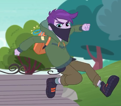 Size: 651x571 | Tagged: safe, screencap, sugilite slight, equestria girls, g4, my little pony equestria girls: better together, super squad goals, background human, bandana, canterlot city, cropped, male, shoes, sneakers, thief