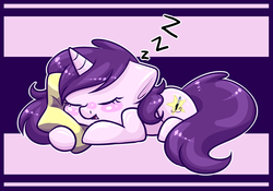 Size: 1024x716 | Tagged: safe, artist:whitehershey, oc, oc only, pony, unicorn, chibi, cute, female, mare, ocbetes, pillow, sleeping, smiling, solo, zzz