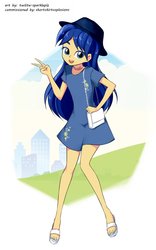 Size: 750x1200 | Tagged: safe, artist:twilite-sparkleplz, part of a set, flash sentry, oc, oc only, oc:felicity sentry, human, equestria girls, g4, clothes, commissioner:shortskirtsandexplosions, crossdressing, cute, diasentres, dress, femboy, girly sentry, hat, male, not rule 63, part of a series, purse, smiling, solo, twilite-sparkleplz is trying to murder us