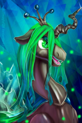 Size: 1024x1536 | Tagged: safe, artist:may-li128, queen chrysalis, changeling, changeling queen, g4, crown, fangs, female, green eyes, jewelry, open mouth, regalia, slit pupils, solo, transparent wings, wings