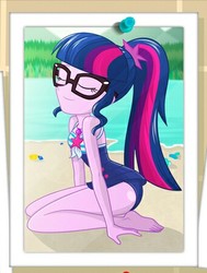 Size: 341x450 | Tagged: safe, artist:charliexe, sci-twi, twilight sparkle, equestria girls, equestria girls specials, g4, my little pony equestria girls: better together, my little pony equestria girls: forgotten friendship, barefoot, clothes, cropped, eyes closed, feet, female, geode of telekinesis, glasses, one-piece swimsuit, sci-twi swimsuit, sexy, solo, swimsuit