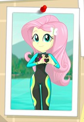 Size: 339x490 | Tagged: safe, artist:charliexe, fluttershy, equestria girls, equestria girls specials, g4, my little pony equestria girls: better together, my little pony equestria girls: forgotten friendship, cropped, cute, female, fluttershy's wetsuit, heart hands, shyabetes, solo, wetsuit