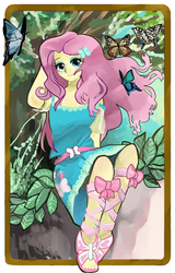 Size: 1000x1563 | Tagged: safe, artist:bojack_mlplove, fluttershy, butterfly, equestria girls, g4, my little pony equestria girls: better together, belt, clothes, dress, female, looking at you, sandals, solo