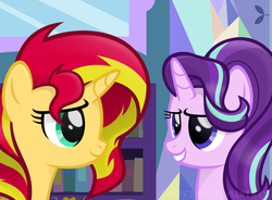 Size: 3153x2326 | Tagged: safe, artist:comfydove, starlight glimmer, sunset shimmer, pony, unicorn, g4, bookshelf, duo, female, high res, looking at each other, mare, mirror, smiling, twilight's castle