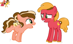 Size: 1185x719 | Tagged: safe, artist:royalswirls, big macintosh, cheese sandwich, oc, oc only, earth pony, pony, g4, base used, brothers, freckles, gay, mac n cheese, magical gay spawn, male, offspring, parent:big macintosh, parent:cheese sandwich, parents:mac n cheese, shipping, simple background, unshorn fetlocks, white background