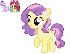 Size: 670x508 | Tagged: safe, artist:royalswirls, apple bloom, diamond tiara, oc, oc only, earth pony, pony, g4, base used, blank flank, female, filly, flower, flower in hair, lesbian, magical lesbian spawn, offspring, parent:apple bloom, parent:diamond tiara, parents:diamondbloom, raised hoof, ship:diamondbloom, shipping, simple background, solo, white background