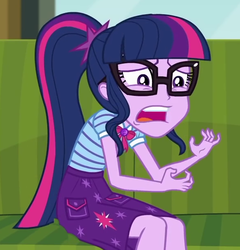 Size: 589x613 | Tagged: safe, screencap, sci-twi, twilight sparkle, equestria girls, g4, my little pony equestria girls: better together, text support, text support: sunset shimmer, bowtie, clothes, cropped, female, geode of telekinesis, glasses, magical geodes, open mouth, ponytail, skirt, solo