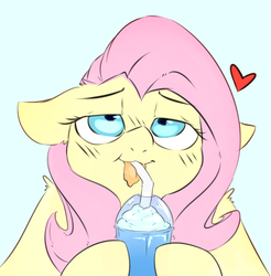 Size: 680x692 | Tagged: safe, artist:angrylittlerodent, fluttershy, pony, g4, drinking, female, floppy ears, food, heart, solo