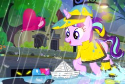Size: 1200x800 | Tagged: safe, artist:pixelkitties, starlight glimmer, pony, unicorn, g4, the cutie re-mark, balloon, female, filly, filly starlight glimmer, heart balloon, it, night, paper boat, parody, pennywise, rain, raincoat, script, storm drain, this will end in death, this will end in tears and/or death, this will not end well, too dumb to live, younger