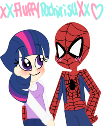 Size: 1024x1229 | Tagged: safe, artist:xxfluffypachirisuxx, twilight sparkle, human, g4, clothes, crossover shipping, female, humanized, male, shipping, simple background, spider-man, spidertwi, straight, transparent background