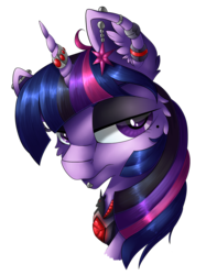 Size: 1024x1371 | Tagged: safe, artist:mychelle, twilight sparkle, pony, g4, alicorn amulet, bust, ear piercing, earring, female, goth, horn, horn ring, jewelry, piercing, portrait, simple background, solo, transparent background