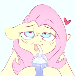 Size: 680x692 | Tagged: safe, alternate version, artist:angrylittlerodent, fluttershy, pony, 30 minute art challenge, bedroom eyes, cute, drinking, female, floppy ears, food, heart, junk food, looking up, mare, milkshake, shyabetes, simple background, sprinkles, straw, tongue out, whipped cream