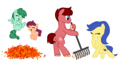 Size: 3400x1714 | Tagged: safe, artist:crystal-tranquility, oc, oc only, oc:little dipper, oc:melody star, oc:north star, oc:wineberry, earth pony, pegasus, pony, colt, female, filly, leaf, male, mare, parent:oc:north star, parent:oc:wineberry, parents:winestar, rake, simple background, stallion, stars, transparent background, winestar