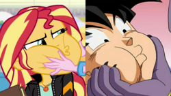 Size: 3416x1920 | Tagged: safe, pinkie pie, sunset shimmer, equestria girls, equestria girls specials, g4, beerus, book, bracelet, clothes, comparison, dragon ball, dragon ball super, face, geode of empathy, hand, jacket, jewelry, leather jacket, magical geodes, male, son goku, squishy cheeks