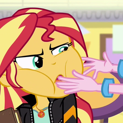 Size: 1078x1077 | Tagged: safe, screencap, pinkie pie, sunset shimmer, equestria girls, g4, spoiler:eqg specials, book, bracelet, cropped, faic, geode of empathy, hand, jewelry, magical geodes, squishy cheeks