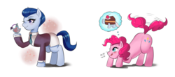 Size: 800x356 | Tagged: safe, artist:tzc, ever essence, pinkie pie, pony, g4, the parent map, background pony, behaving like a dog, female, imminent pounce, perfume, puppy pie, simple background, smiling