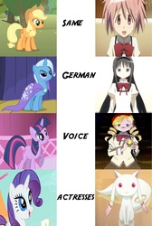 Size: 1339x1998 | Tagged: safe, artist:nightmareshinigami89, applejack, rarity, trixie, twilight sparkle, g4, comparison, exploitable meme, homura akemi, incubator (species), kyubey, madoka kaname, magical girl, mami tomoe, meme, puella magi madoka magica, same voice actor, voice actors