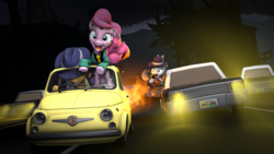 Size: 3840x2160 | Tagged: safe, alternate version, artist:fishimira, applejack, cheese sandwich, maud pie, pinkie pie, rarity, earth pony, pony, unicorn, g4, 3d, car, car chase, clothes, ferrari, fiat 500, high res, lupin the 3rd, megaphone, open mouth, police car, smiling, source filmmaker