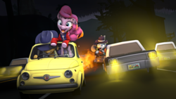 Size: 3840x2160 | Tagged: safe, alternate version, artist:fishimira, applejack, cheese sandwich, maud pie, pinkie pie, rarity, earth pony, pony, unicorn, g4, 3d, car, car chase, clothes, ferrari, fiat 500, hat, high res, looking at each other, looking at someone, lupin the 3rd, megaphone, open mouth, police car, smiling, source filmmaker