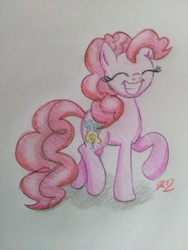 Size: 3120x4160 | Tagged: safe, artist:prinrue, pinkie pie, earth pony, pony, g4, cute, eyes closed, female, mare, raised hoof, smiling, solo, traditional art