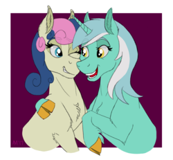 Size: 2370x2191 | Tagged: safe, artist:ambergerr, artist:ambergerrart, bon bon, lyra heartstrings, sweetie drops, earth pony, pony, unicorn, g4, abstract background, chest fluff, cloven hooves, ear fluff, female, high res, hug, lesbian, looking at each other, mare, one eye closed, open mouth, ship:lyrabon, shipping, smiling, unshorn fetlocks
