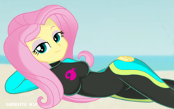 Size: 1024x643 | Tagged: safe, artist:danielitamlp, fluttershy, equestria girls, equestria girls specials, g4, my little pony equestria girls: better together, my little pony equestria girls: forgotten friendship, adorasexy, backbend, beach, bedroom eyes, breasts, busty fluttershy, clothes, curvy, cute, draw me like one of your french girls, female, fluttershy's wetsuit, hand on hip, looking at you, lying, sexy, shyabetes, smiling, solo, swimsuit, wetsuit