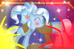 Size: 1095x730 | Tagged: safe, artist:doraeartdreams-aspy, jack pot, trixie, g4, blushing, curtains, cute, father and daughter, female, fireworks, hug, male, stage