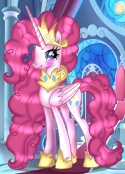 Size: 1500x2084 | Tagged: safe, artist:doraeartdreams-aspy, idw, pinkie pie, alicorn, pony, g4, alicornified, castle, collar, concave belly, jewelry, necklace, pinkiecorn, princess of chaos, race swap, regalia, slender, smiling, tall, thin, throne room, xk-class end-of-the-world scenario