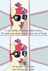 Size: 707x1038 | Tagged: safe, artist:whiskeypanda, moondancer, oc, oc:anon, human, pony, unicorn, g4, chest fluff, dialogue, drawthread, female, glasses, hoof hold, human fetish, humie, mare, parody, picture, ponified meme, reversed gender roles equestria, reversed gender roles equestria general, text