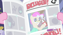 Size: 1920x1080 | Tagged: safe, screencap, mayor mare, pinkie pie, earth pony, pony, g4, ponyville confidential, season 2, all new, female, foal free press, hub logo, mane dye, mare, newspaper, non-dyed mayor, shocked, text