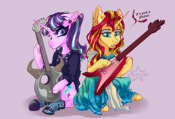 Size: 1024x695 | Tagged: safe, artist:castaspellliana, starlight glimmer, sunset shimmer, pony, unicorn, g4, the parent map, clothes, dress, duo, ear piercing, earring, female, guitar, jewelry, looking at you, mare, piercing, story in the source, teenage glimmer