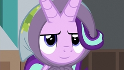 Size: 1440x812 | Tagged: safe, edit, edited edit, edited screencap, screencap, starlight glimmer, bicorn, pony, g4, the parent map, blanket, clothes, cute, edit of an edit of an edit, extra horn, female, happy, headscarf, horn, inverted mouth, scarf, silly, solo, upgrade