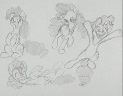 Size: 462x360 | Tagged: safe, artist:alouette-lulu, pinkie pie, earth pony, pony, g4, cutie mark, female, grayscale, jumping, mare, monochrome, sketch, smiling, solo, traditional art