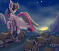 Size: 3808x3266 | Tagged: safe, artist:vicakukac200, twilight sparkle, alicorn, pony, g4, female, flying, high res, house, mare, ponyville, scenery, smiling, solo, stars, sun, sunrise, twilight (astronomy), twilight at twilight, twilight sparkle (alicorn)
