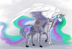 Size: 2500x1700 | Tagged: safe, artist:floralfly, princess celestia, oc, oc:unise, alicorn, pony, zebra, g4, canon x oc, celenise, duo, female, jewelry, large wings, looking at each other, male, mare, regalia, spread wings, stallion, tiara, wings, zebra oc