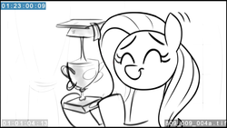 Size: 1920x1080 | Tagged: safe, fluttershy, pony, g4, non-compete clause, adventure in the comments, animatic, eyes closed, female, grayscale, happy, mare, monochrome, smiling, solo, teacher of the month, trophy