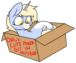 Size: 789x648 | Tagged: safe, artist:/d/non, oc, oc only, oc:nootaz, pony, unicorn, box, cardboard box, cute, female, freckles, looking down, mare, poner, pony in a box, prone, simple background, smiling, solo, text, transparent background