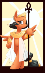 Size: 1000x1618 | Tagged: safe, artist:unousaya, somnambula, pegasus, pony, semi-anthro, g4, ankh, arm hooves, belly button, bipedal, clothes, egyptian, female, hoof hold, looking at you, mare, see-through, solo, staff