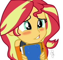 Size: 636x598 | Tagged: safe, artist:ilaria122, sunset shimmer, equestria girls, equestria girls specials, g4, my little pony equestria girls: better together, my little pony equestria girls: forgotten friendship, blushing, book, clothes, cute, female, shimmerbetes, simple background, transparent background, yearbook