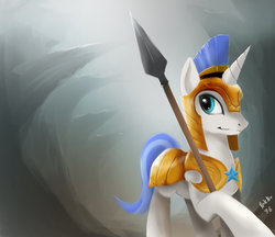 Size: 1280x1108 | Tagged: safe, artist:nokno76, pony, unicorn, armor, looking back, male, royal guard, spear, stallion, weapon