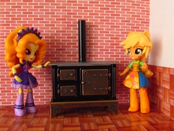 Size: 1600x1200 | Tagged: safe, artist:whatthehell!?, adagio dazzle, applejack, equestria girls, g4, my little pony equestria girls: rainbow rocks, my little pony equestria girls: summertime shorts, boots, clothes, denim skirt, doll, equestria girls minis, irl, jewelry, kitchen, photo, shoes, skirt, stove, toy, victorian