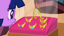 Size: 1280x720 | Tagged: safe, screencap, twilight sparkle, pony, g4, magical mystery cure, big crown thingy, book, element of generosity, element of honesty, element of kindness, element of laughter, element of loyalty, element of magic, elements of harmony, female, golden oaks library, jewelry, regalia, scared, solo