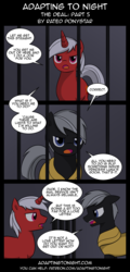 Size: 960x2000 | Tagged: safe, artist:terminuslucis, oc, oc only, earth pony, pony, unicorn, comic:adapting to night, comic:adapting to night: the deal, armor, comic, dialogue, jail, prison