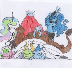 Size: 784x742 | Tagged: safe, artist:kuroneko, derpibooru exclusive, barry, ocellus, princess celestia, princess ember, princess luna, smarty pants, spike, thorax, alicorn, changedling, changeling, dragon, pony, g4, adorabarry, blanket, colored pencil drawing, cute, doll, dragoness, drool, eyes closed, female, glowing horn, horn, interspecies, king thorax, magic, male, mare, on back, pillow, ship:embrax, shipping, simple background, sleeping, straight, telekinesis, toy, traditional art, uwu, white background