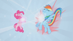 Size: 1280x720 | Tagged: safe, screencap, pinkie pie, rainbow dash, friendship is magic, g4, element of laughter, element of loyalty, glowing, jewelry, necklace, sunburst background